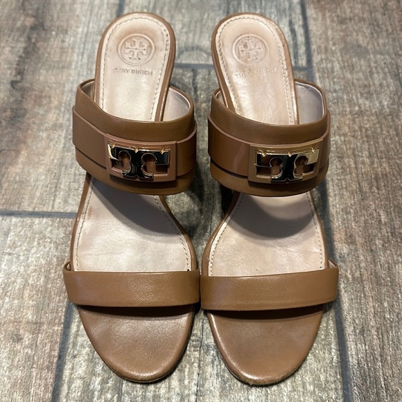 Tory‎ Burch Women’s Tan Leather Slide Wedges SZ 9 - Picture 4 of 12